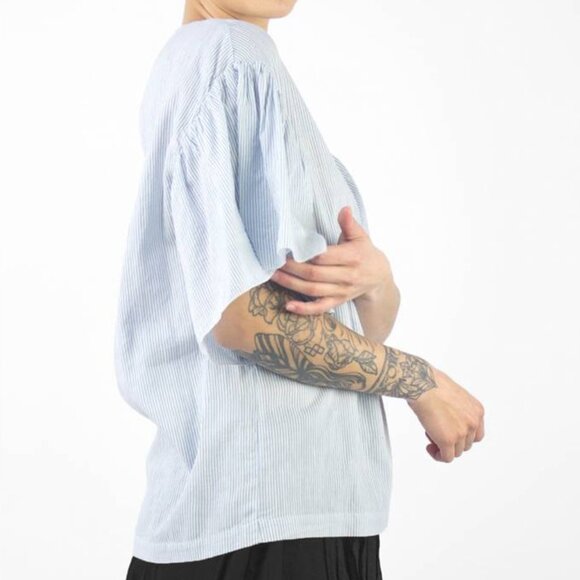 Pomandere Flutter Sleeve Top Blue Stripe 2 Cotton Hemp Blend Airy Lightweight - Picture 3 of 16